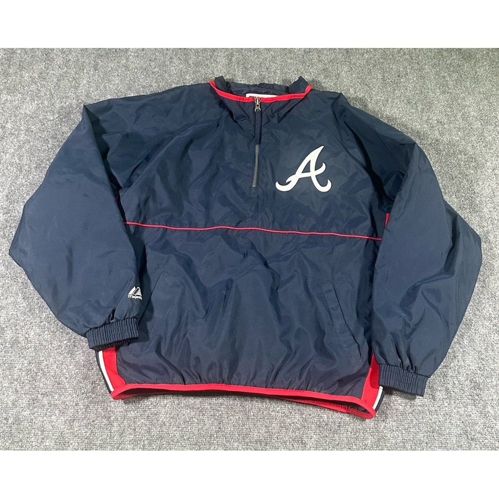 Majestic Mens M Atlanta Braves Blue Windbreaker Jacket 1/4 Zip Long Sleeve MLB